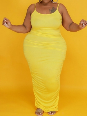 Vestido Pulôver Plissado Até O Chão Sem Mangas Bodycon Plus Size