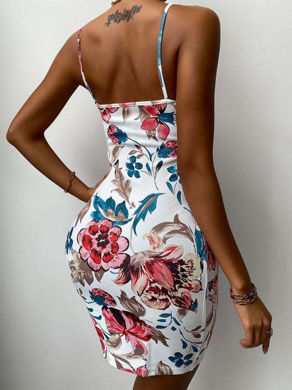 Vestido Pulôver Sem Mangas Estampado Acima Do Joelho Com Alça De Espaguete Floral Bodycon