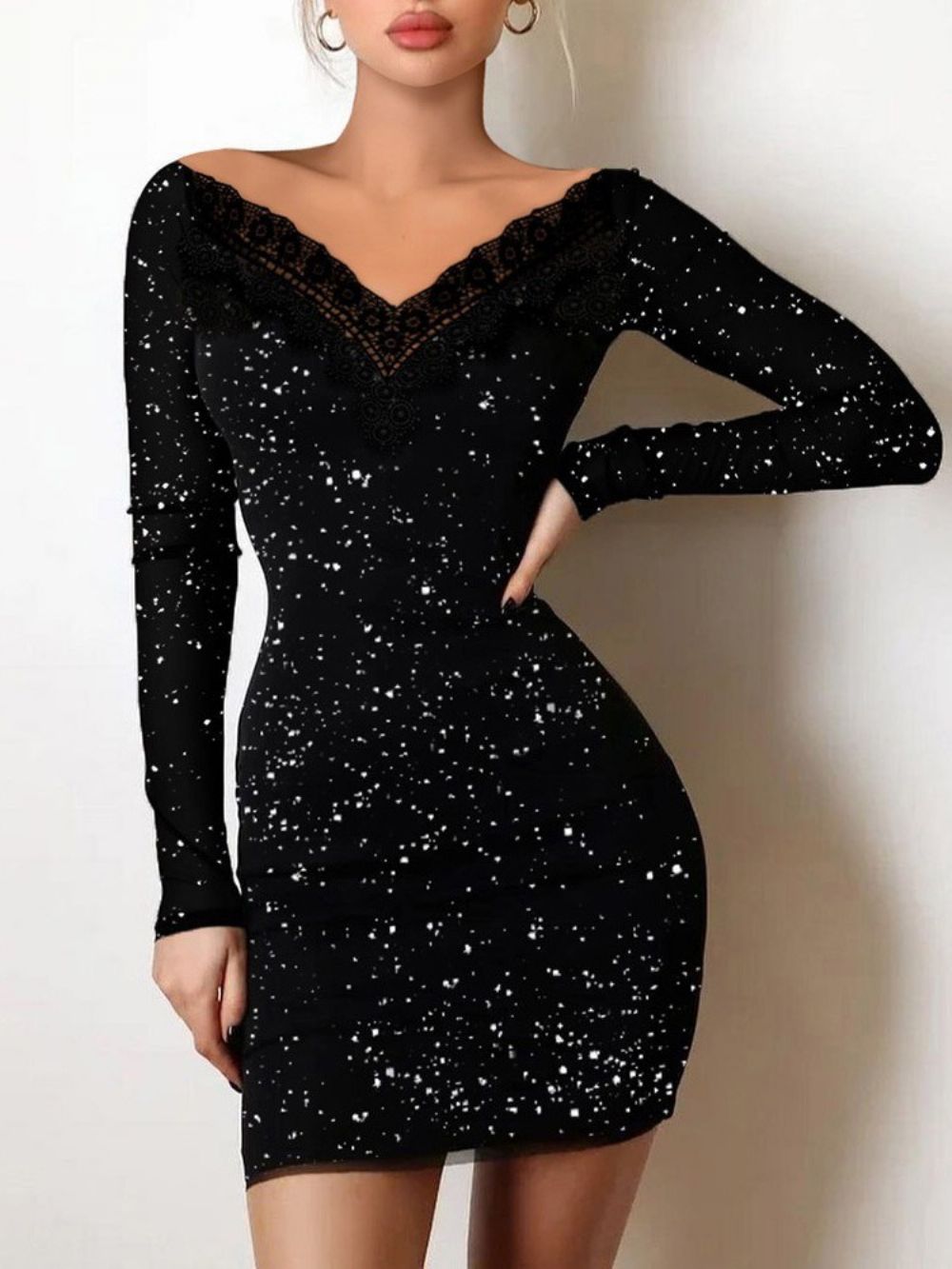 Vestido De Renda Com Decote Em V Acima Do Joelho Pulôver Bodycon