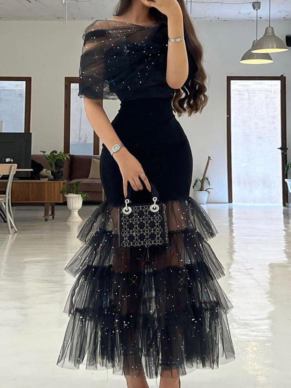 Vestido De Retalhos De Manga Curta Até O Tornozelo Moda Liso Bodycon