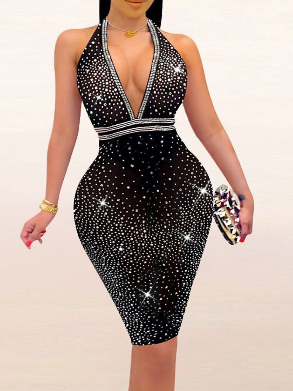 Vestido Sem Manga Com Decote Em V Strass Sexy Cintura Alta Bodycon