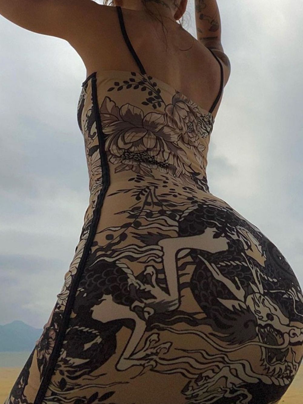 Vestido Sem Mangas Com Decote Em V Até O Tornozelo E Verão Floral Bodycon