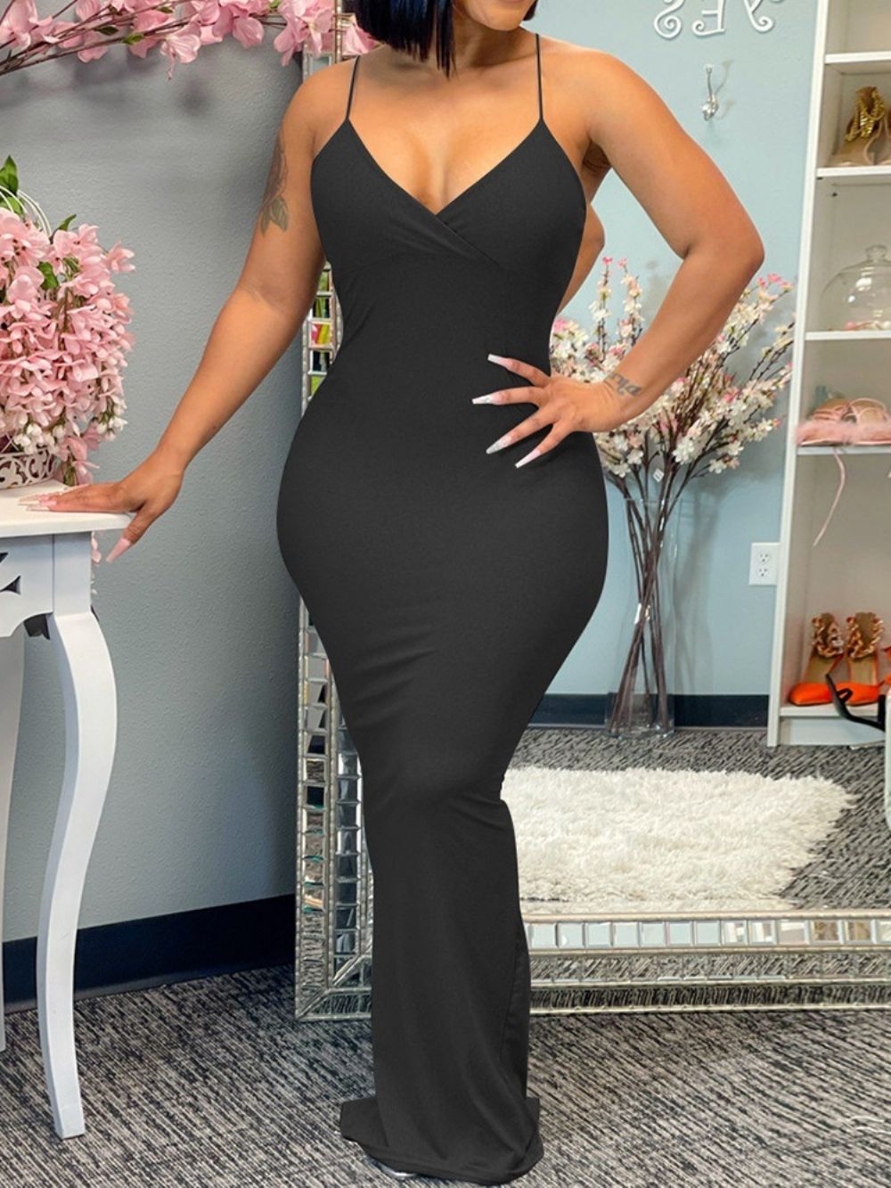 Vestido Sem Mangas Com Decote Em V Dividido Sexy Bodycon