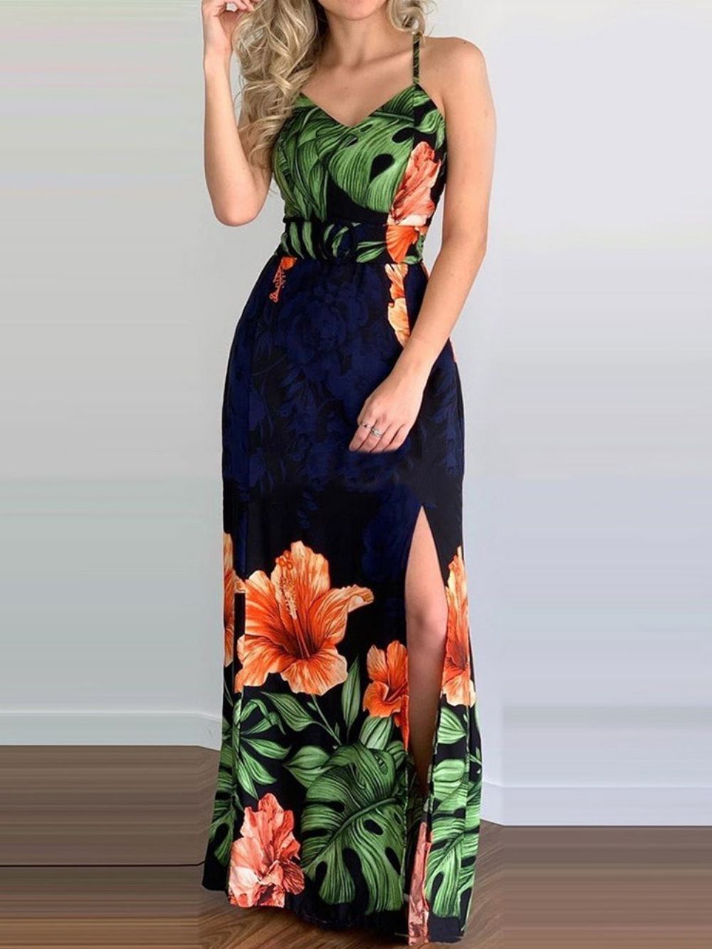 Vestido Sem Mangas Com Decote Em V Rachado Bodycon Moda Floral Bodycon Vestido