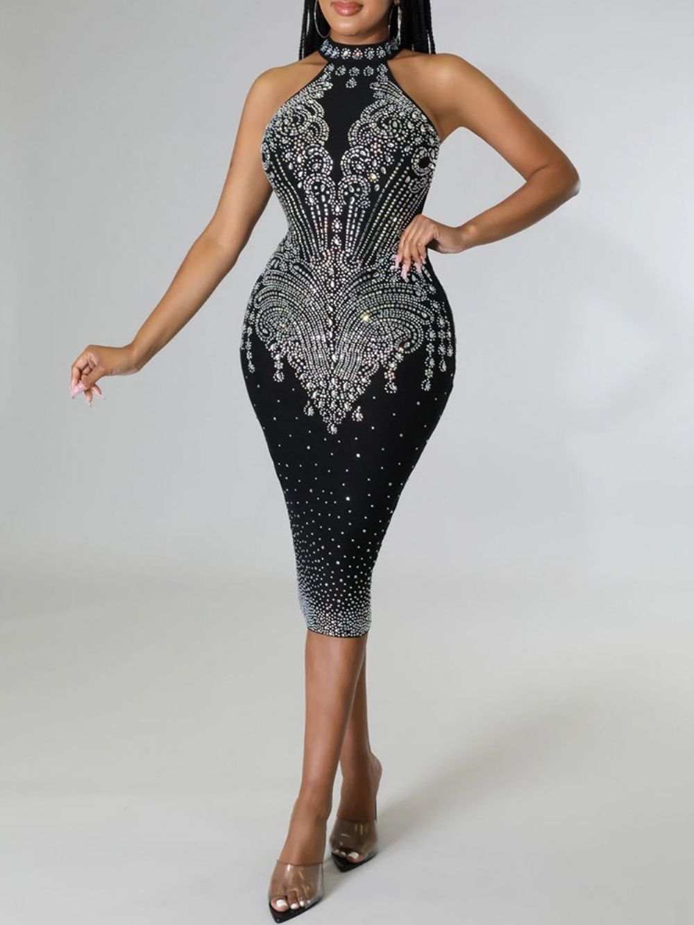 Vestido Sem Mangas Com Gola De Strass Cintura Média Bodycon