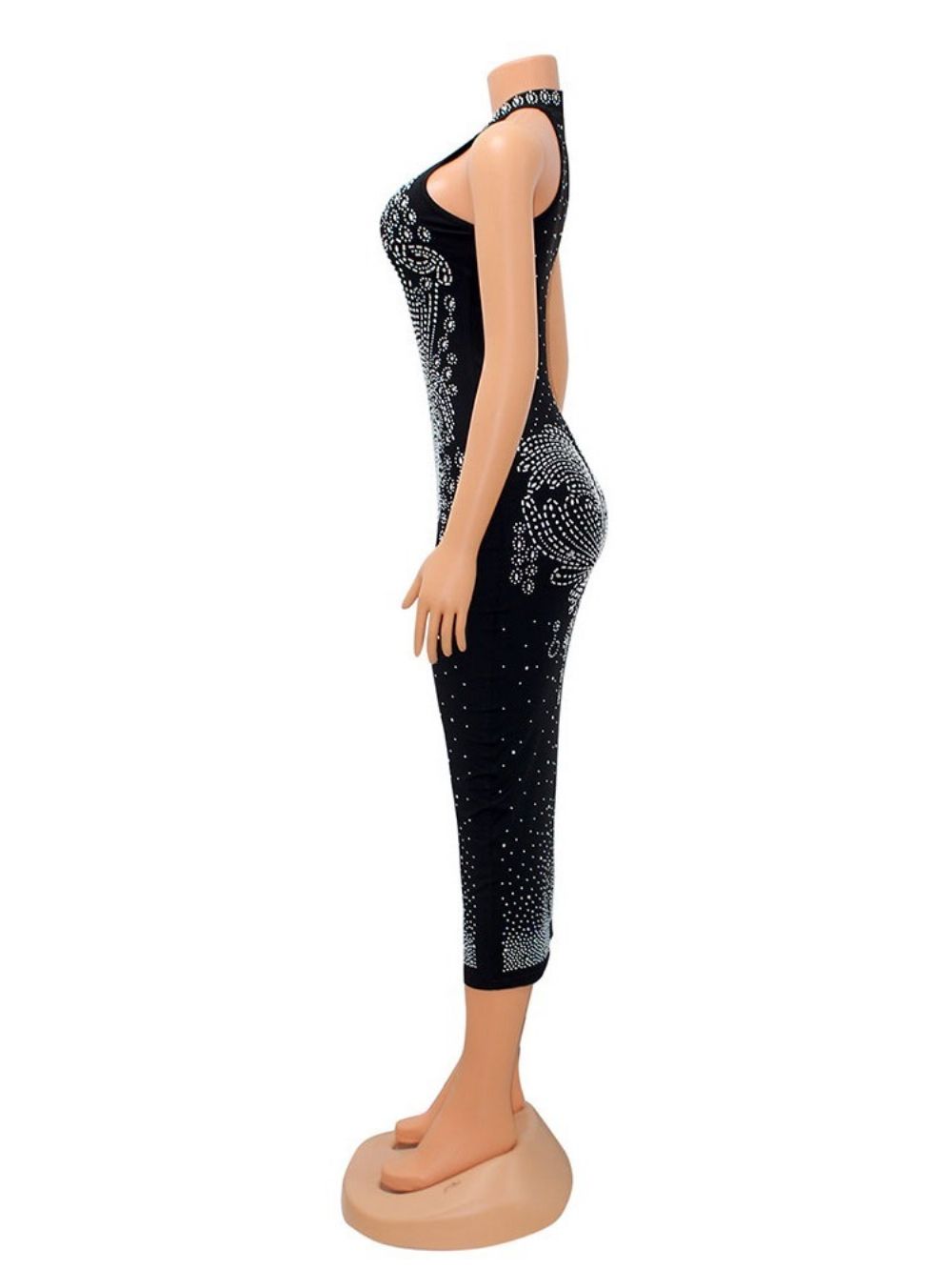 Vestido Sem Mangas Com Gola De Strass Cintura Média Bodycon