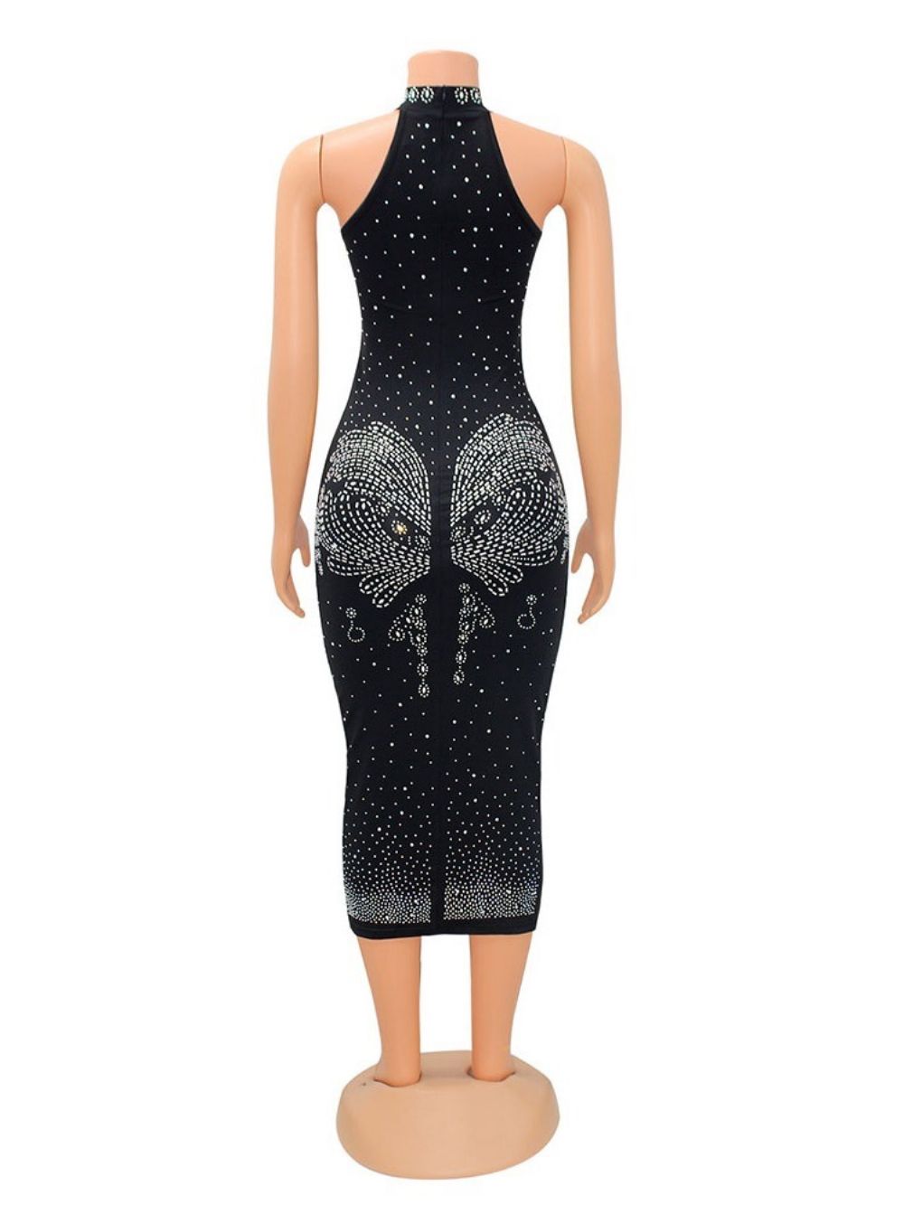 Vestido Sem Mangas Com Gola De Strass Cintura Média Bodycon