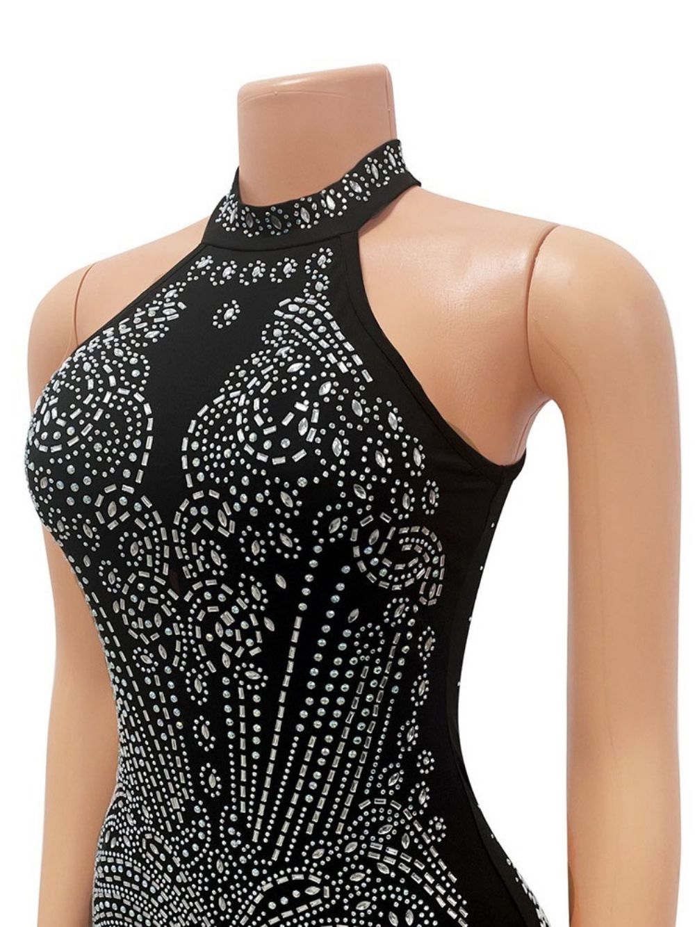 Vestido Sem Mangas Com Gola De Strass Cintura Média Bodycon