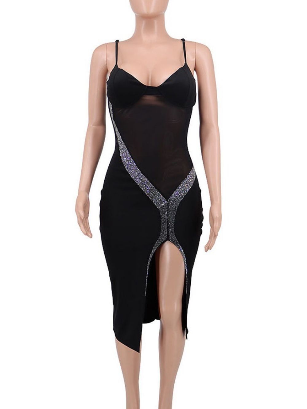 Vestido Sem Mangas Meia Panturrilha Strass Verão Com Alça De Espaguete Bodycon