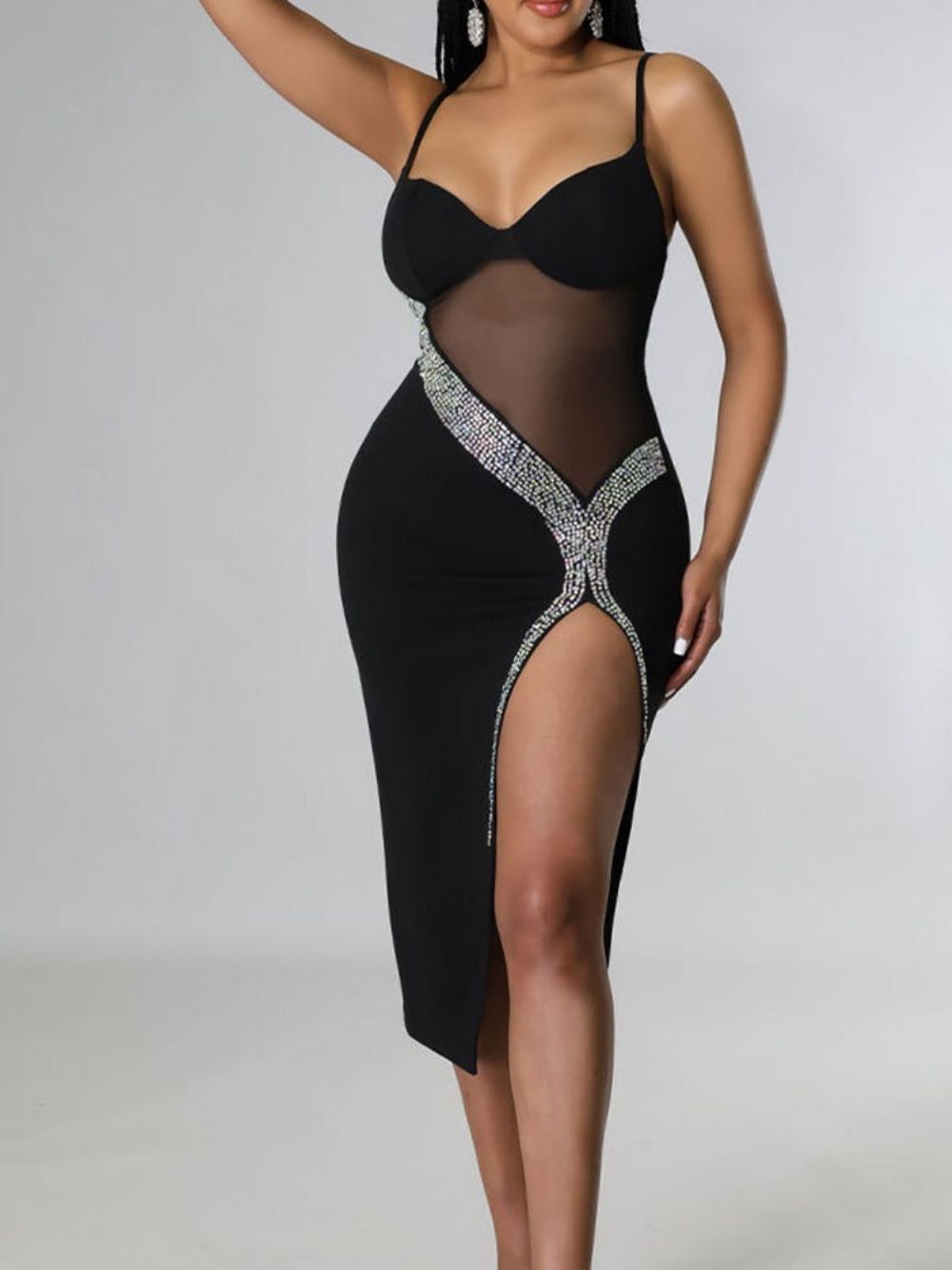 Vestido Sem Mangas Meia Panturrilha Strass Verão Com Alça De Espaguete Bodycon