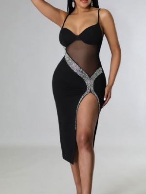 Vestido Sem Mangas Meia Panturrilha Strass Verão Com Alça De Espaguete Bodycon