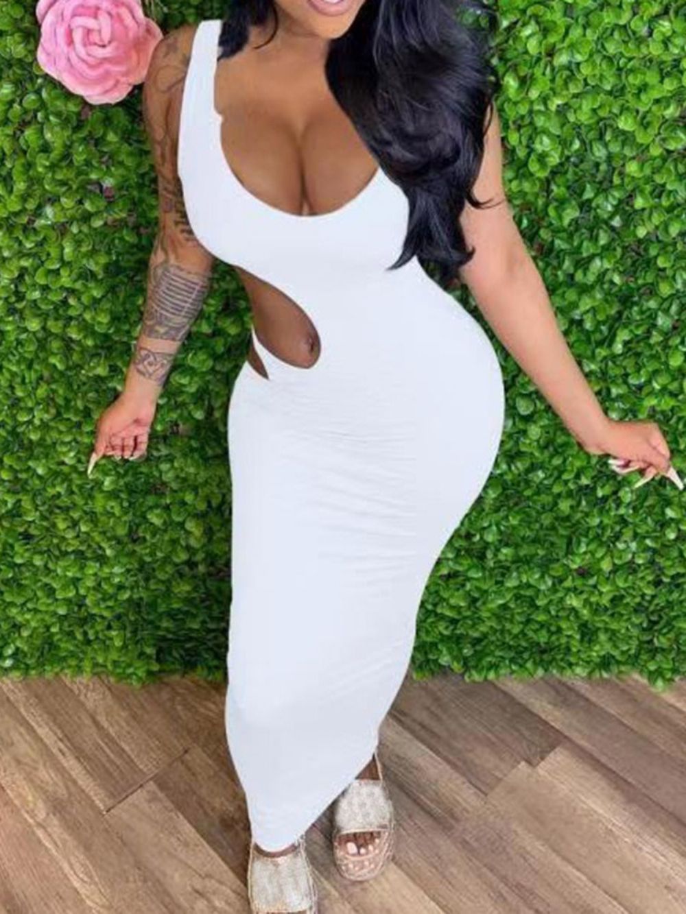 Vestido Sem Mangas Oco Até O Tornozelo Branco Bodycon