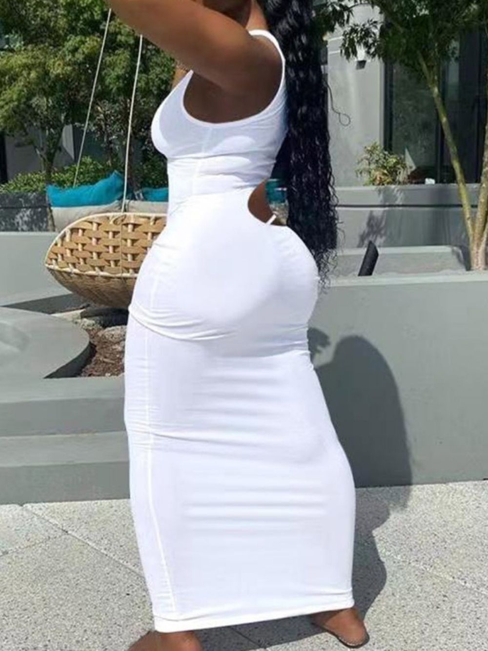 Vestido Sem Mangas Oco Até O Tornozelo Branco Bodycon