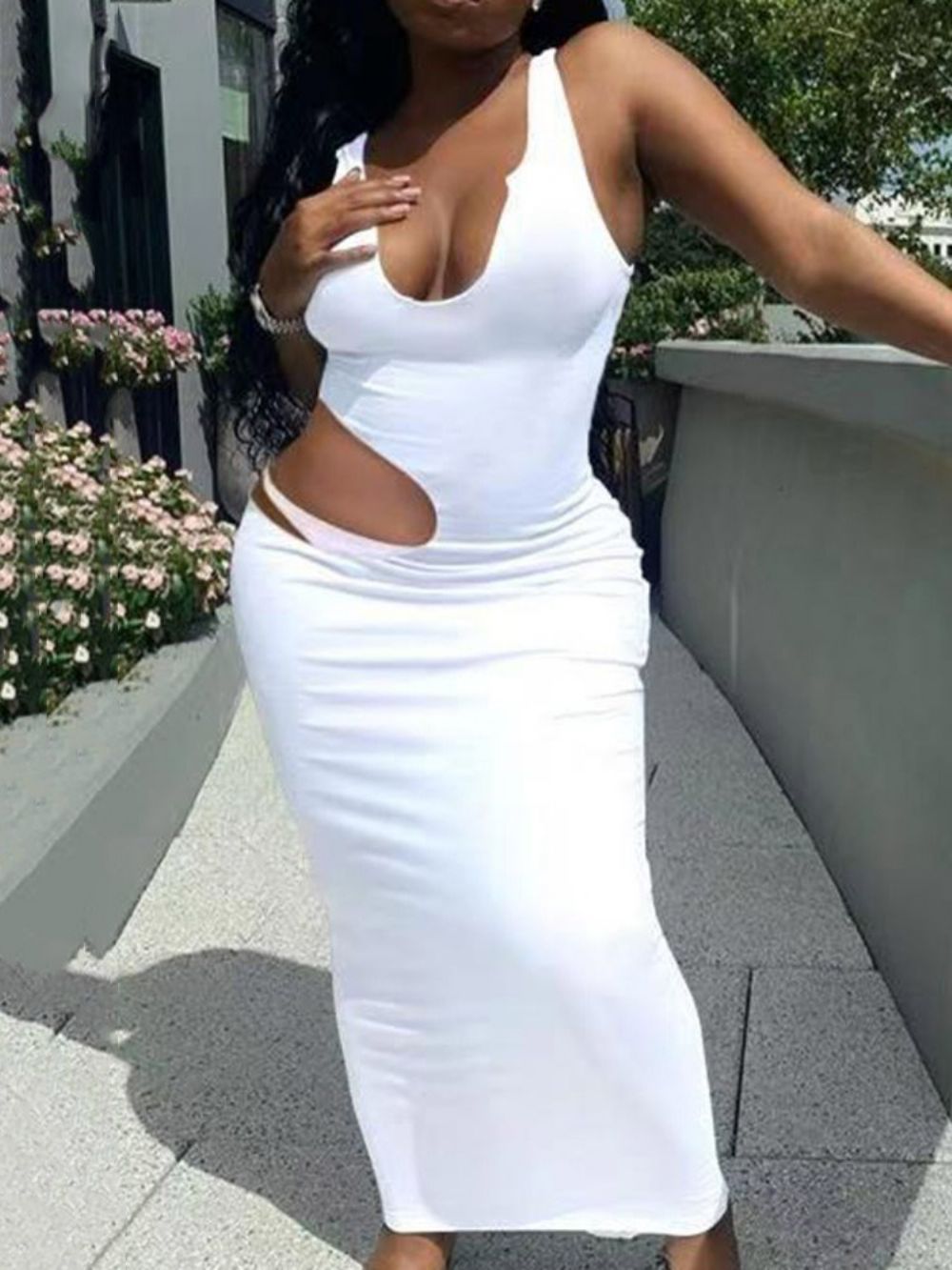 Vestido Sem Mangas Oco Até O Tornozelo Branco Bodycon