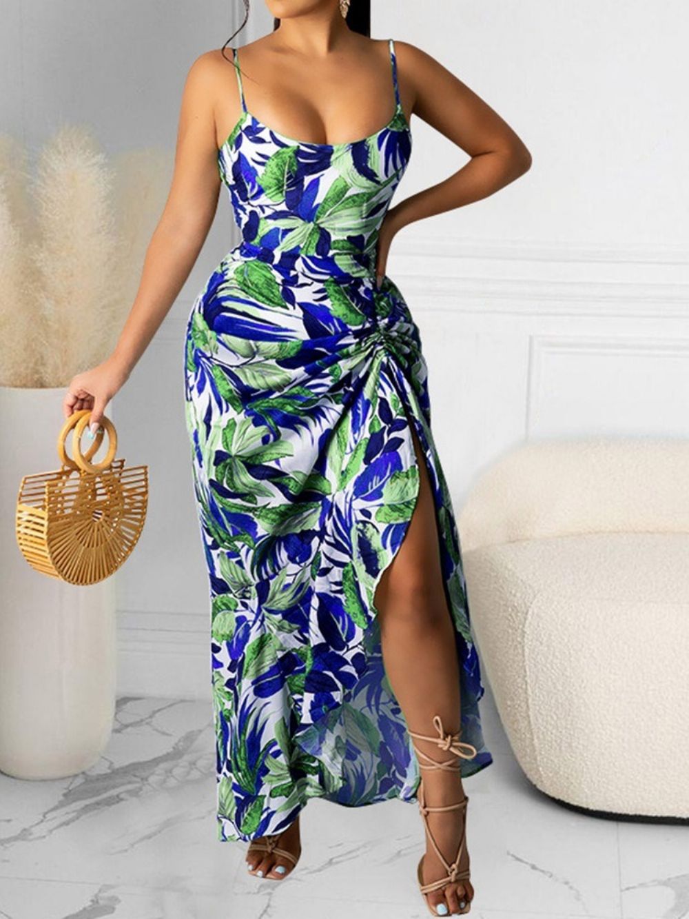 Vestido Sexy Bodycon Estampado Sem Mangas Longo Planta Planta