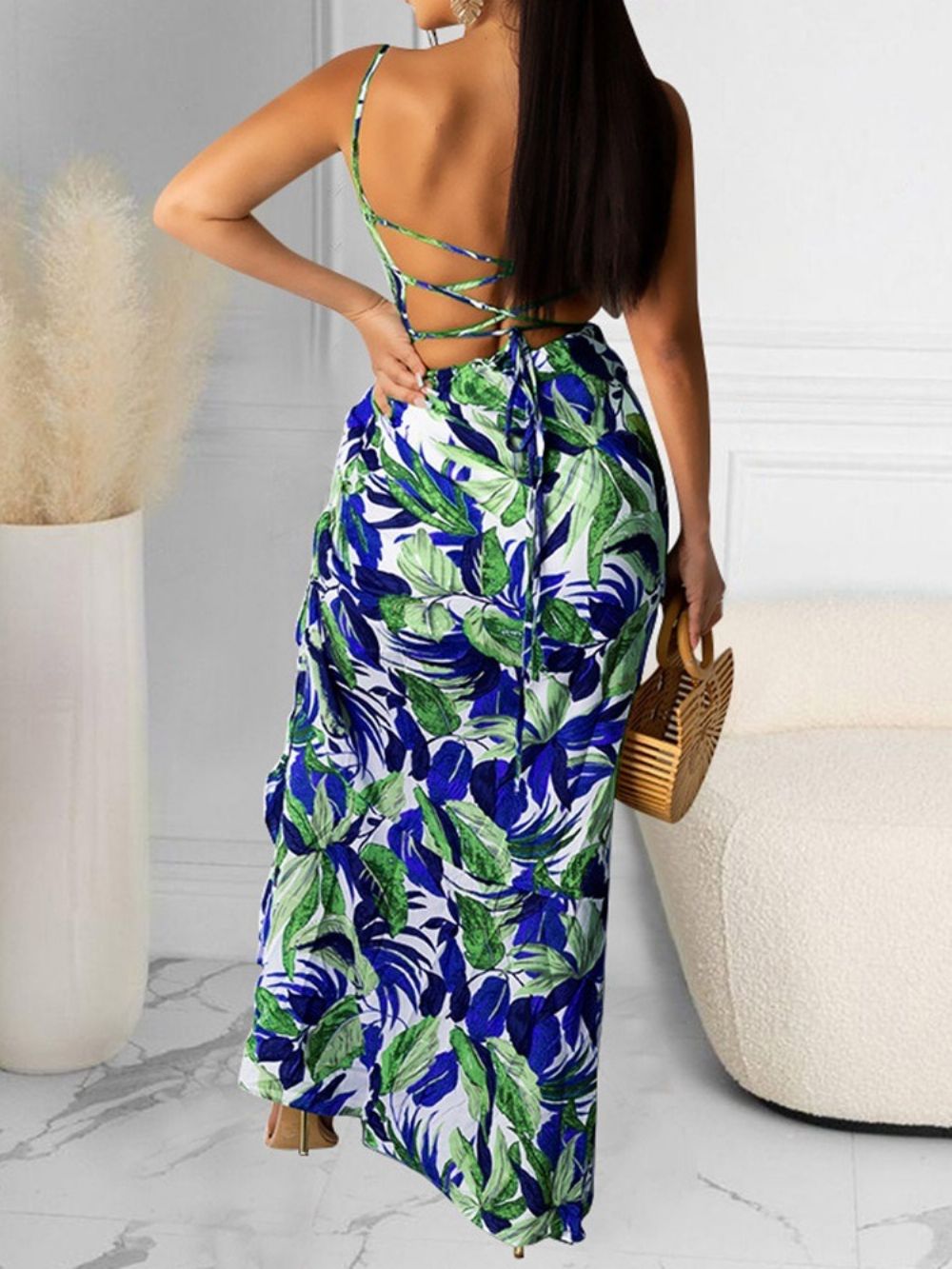 Vestido Sexy Bodycon Estampado Sem Mangas Longo Planta Planta