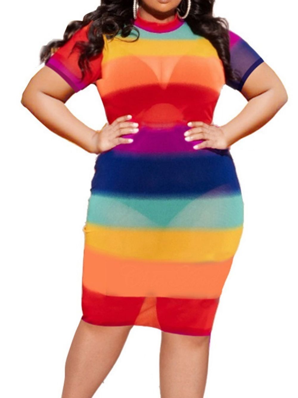 Vestido Sexy Com Gola Até O Joelho E Manga Curta