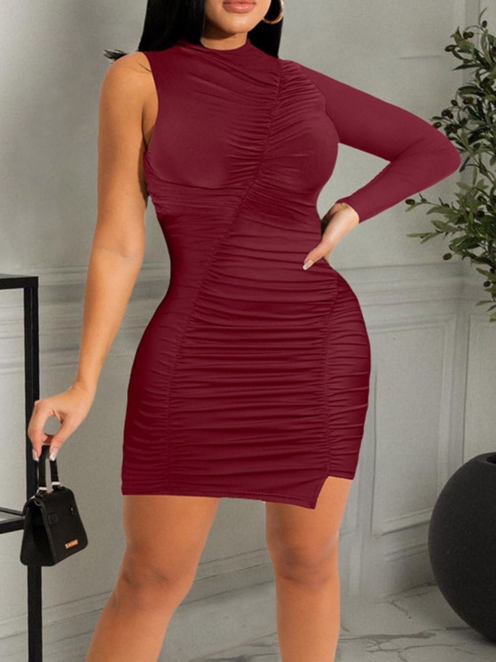 Vestido Simples Bodycon Plissado Acima Do Joelho Decote Redondo