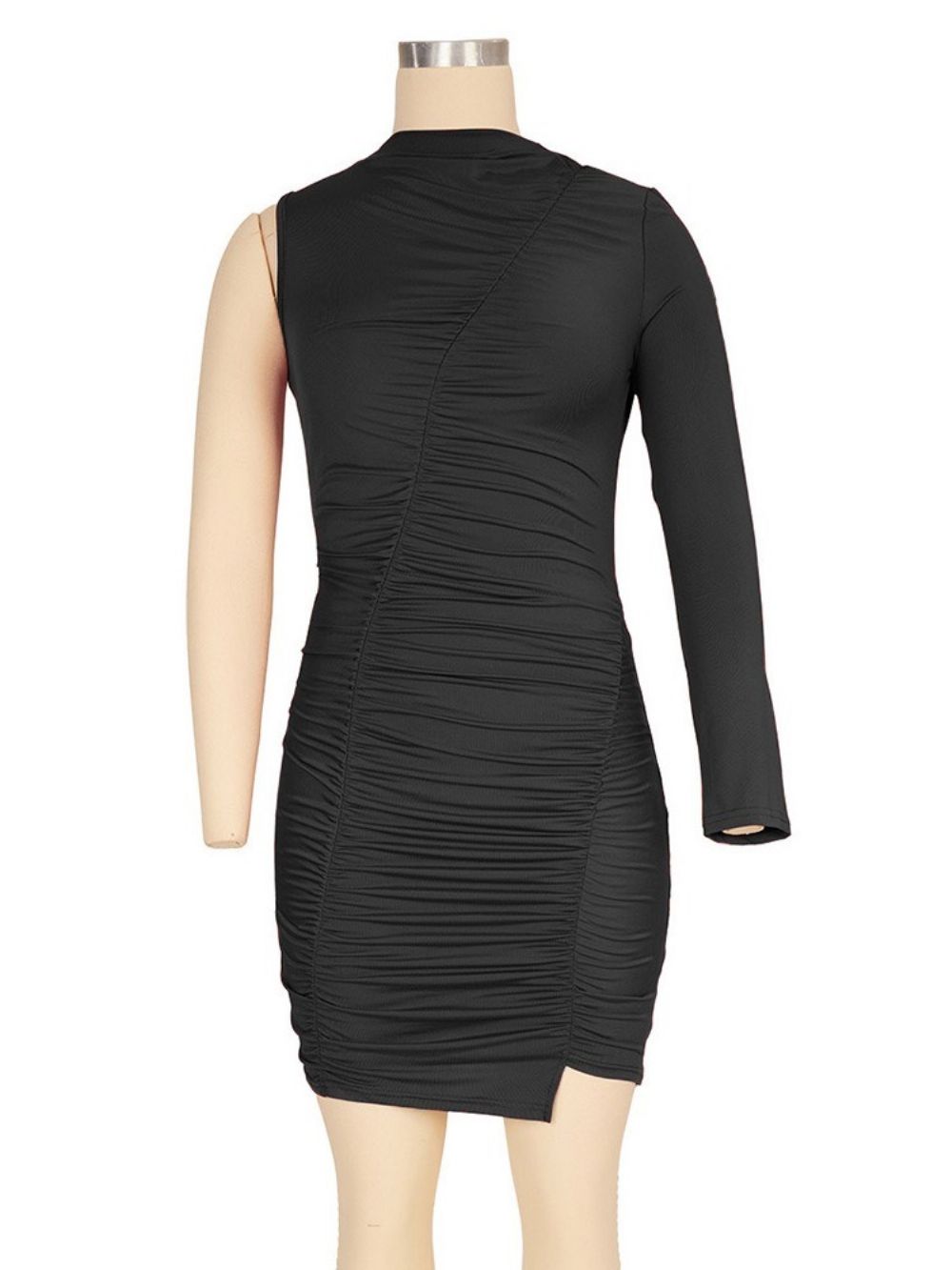 Vestido Simples Bodycon Plissado Acima Do Joelho Decote Redondo