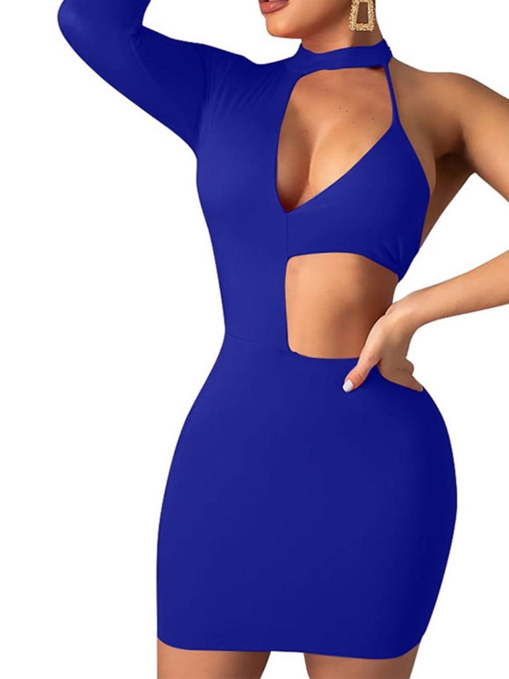 Vestido De Um Ombro Com Gola Acima Do Joelho Manga Longa Bodycon