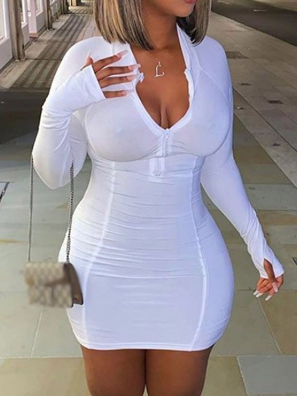 Vestido De Verão Bodycon Manga Longa Com Zíper Acima Do Joelho