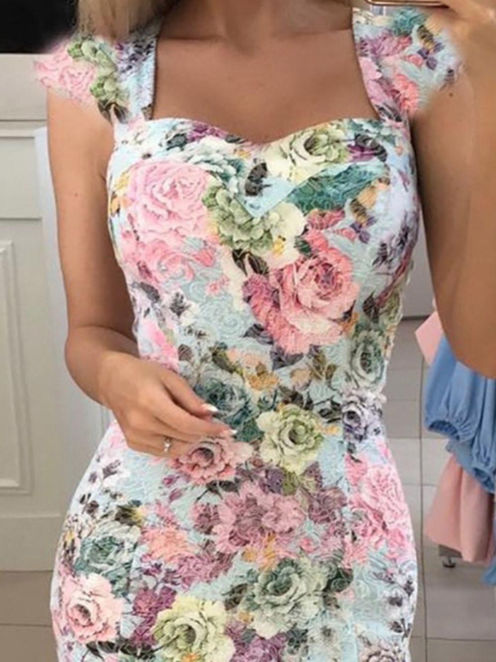 Vestido De Verão Floral Manga Curta Até O Joelho Estampado