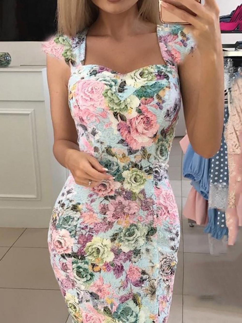 Vestido De Verão Floral Manga Curta Até O Joelho Estampado