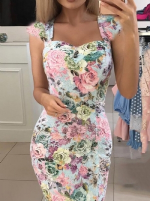 Vestido De Verão Floral Manga Curta Até O Joelho Estampado