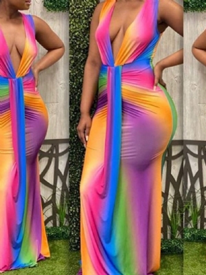 Vestido Western Bodycon Sem Manga Com Decote Em V Até O Chão