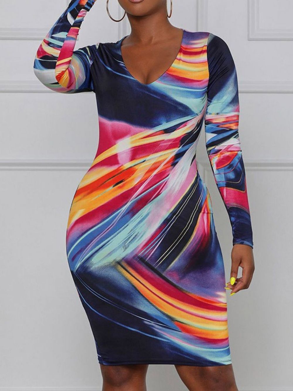 Vestidos Bodycon Manga Longa Acima Do Joelho Patchwork Color Block