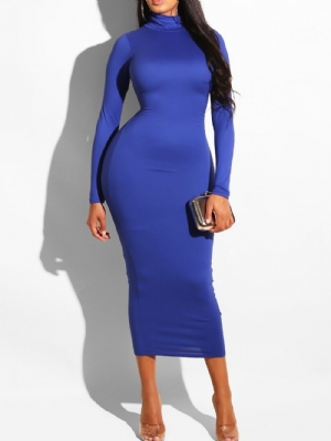 Vestidos De Manga Longa Gola Alta E Meia Panturrilha Lisos Bodycon