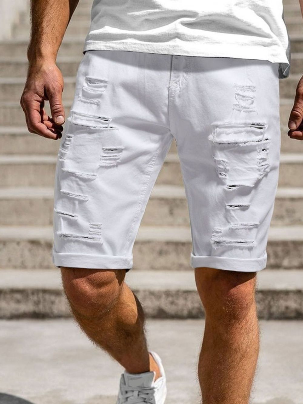 Shorts Casuais Masculinos Com Zíper E Furo Simples