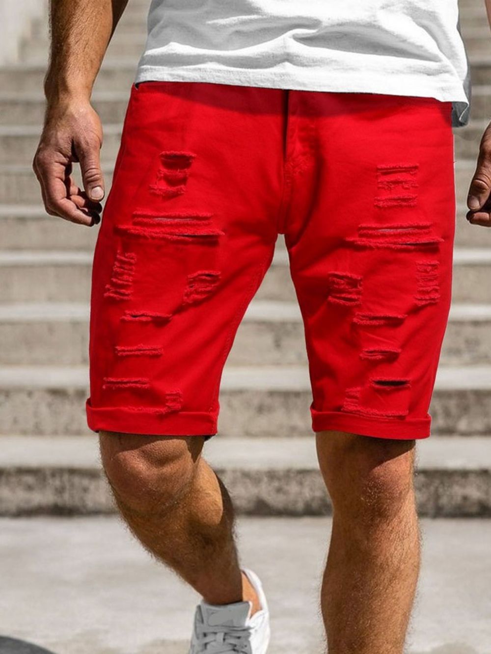 Shorts Casuais Masculinos Com Zíper E Furo Simples