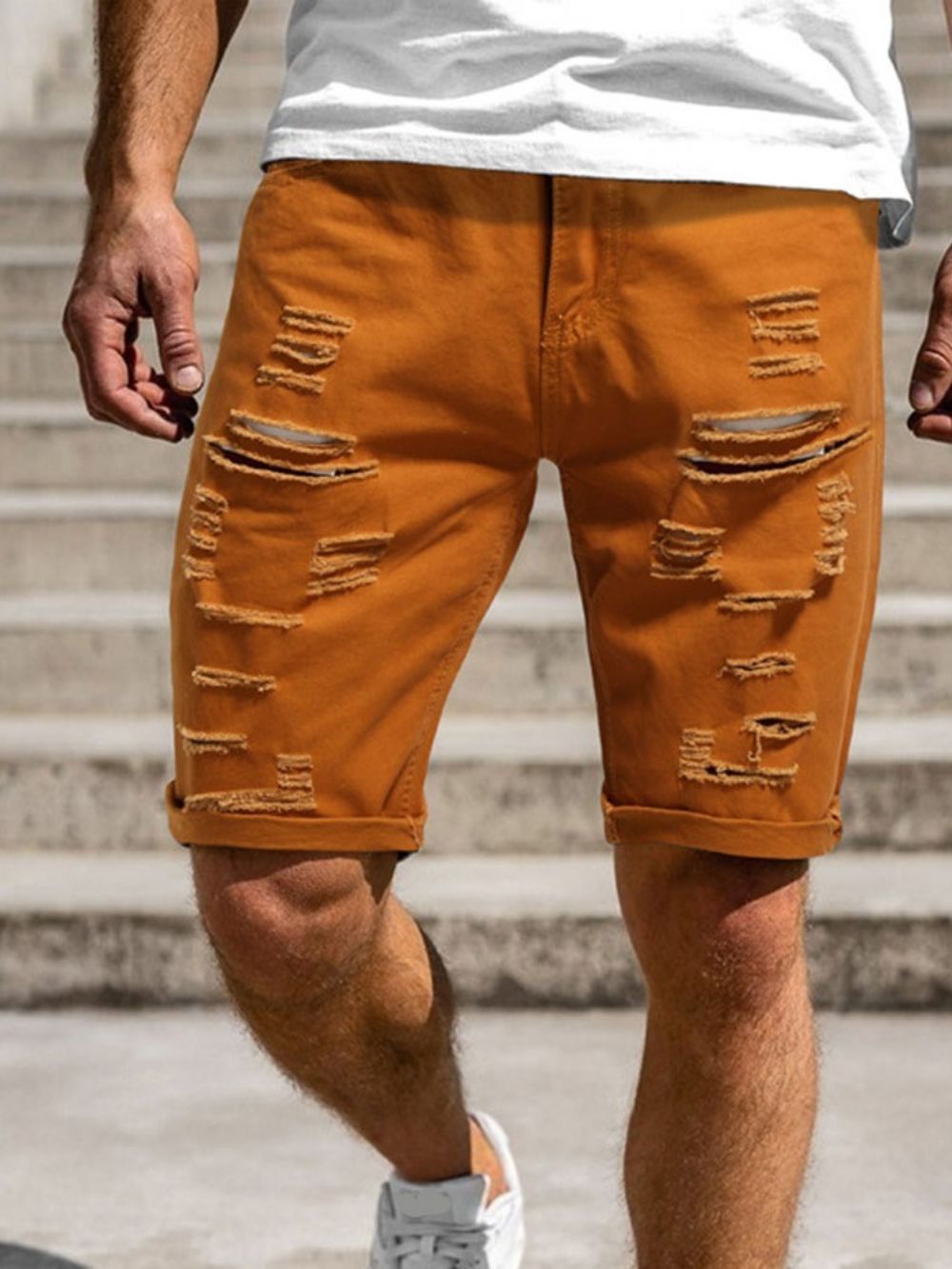 Shorts Casuais Masculinos Com Zíper E Furo Simples