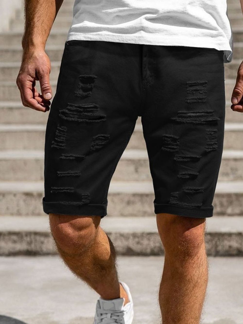 Shorts Casuais Masculinos Com Zíper E Furo Simples