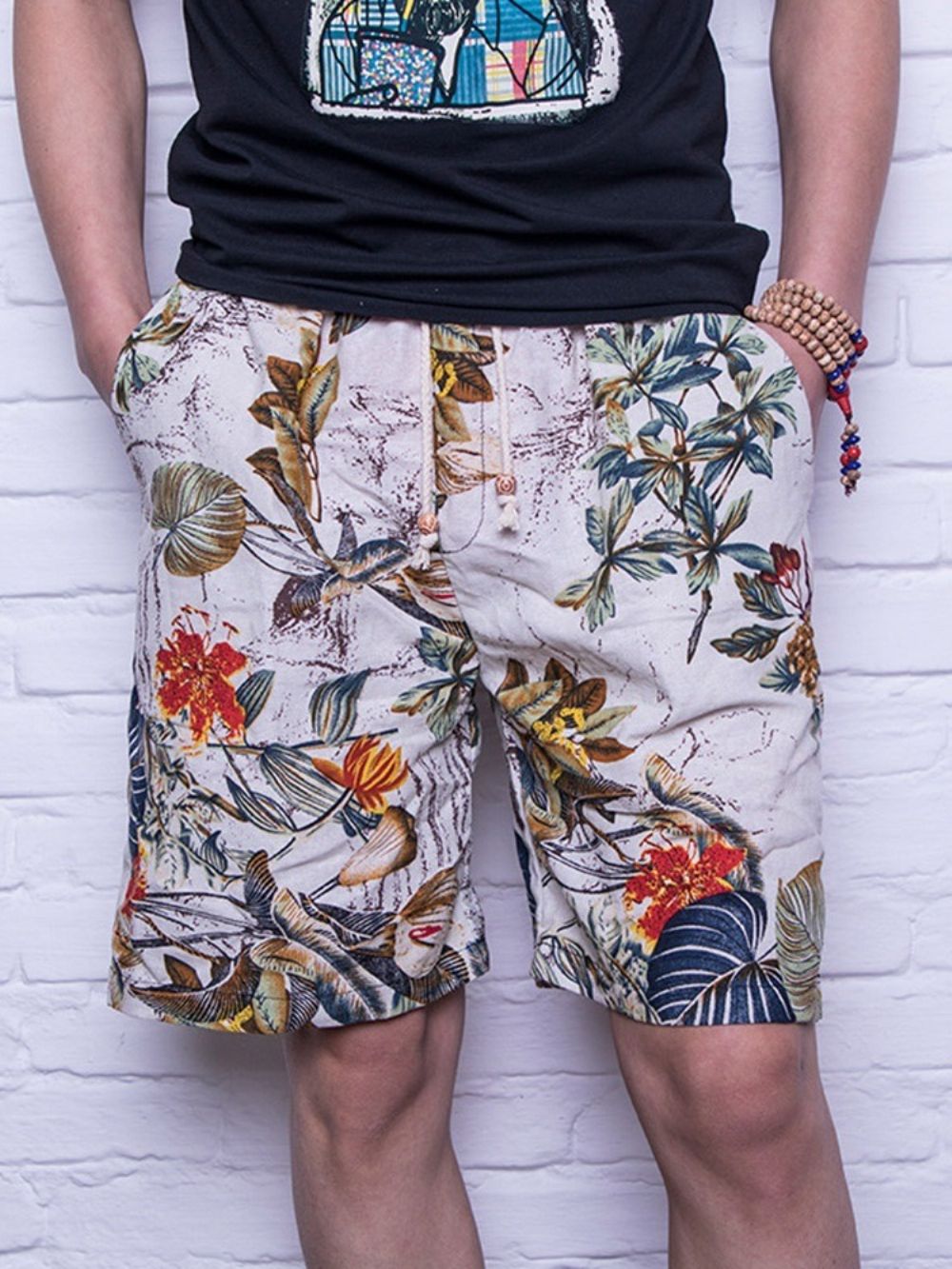 Shorts Casuais Masculinos Florais Retos Com Cadarço