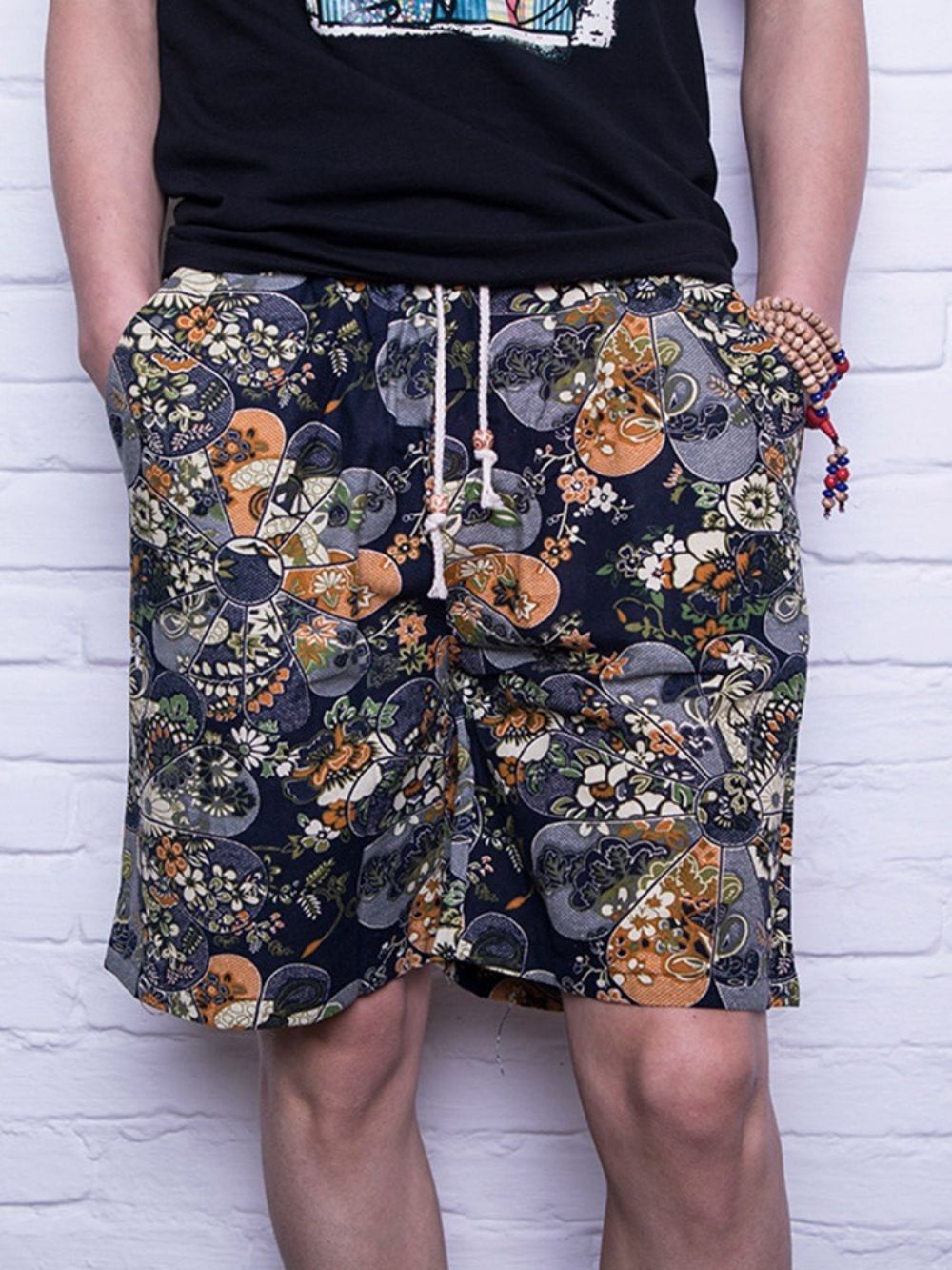 Shorts Casuais Masculinos Florais Retos Com Cadarço