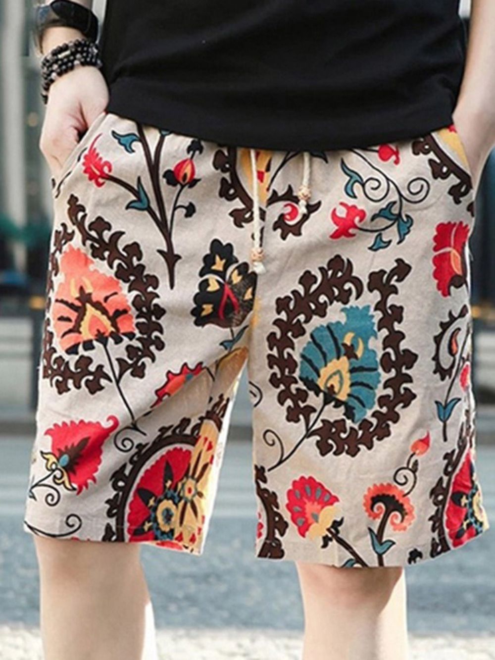 Shorts Casuais Masculinos Florais Retos Com Cadarço