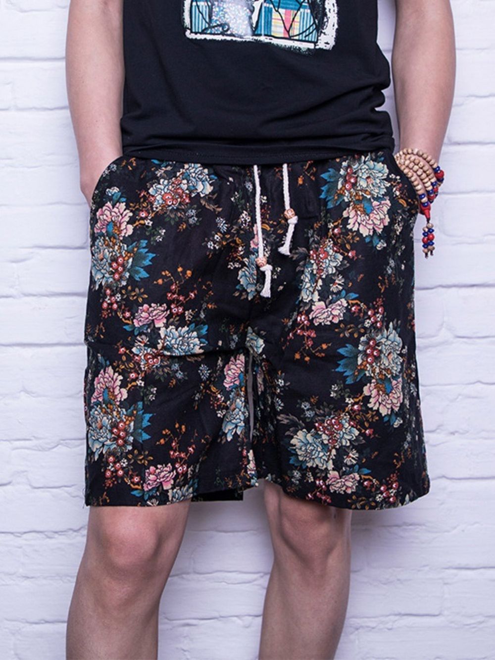 Shorts Casuais Masculinos Florais Retos Com Cadarço