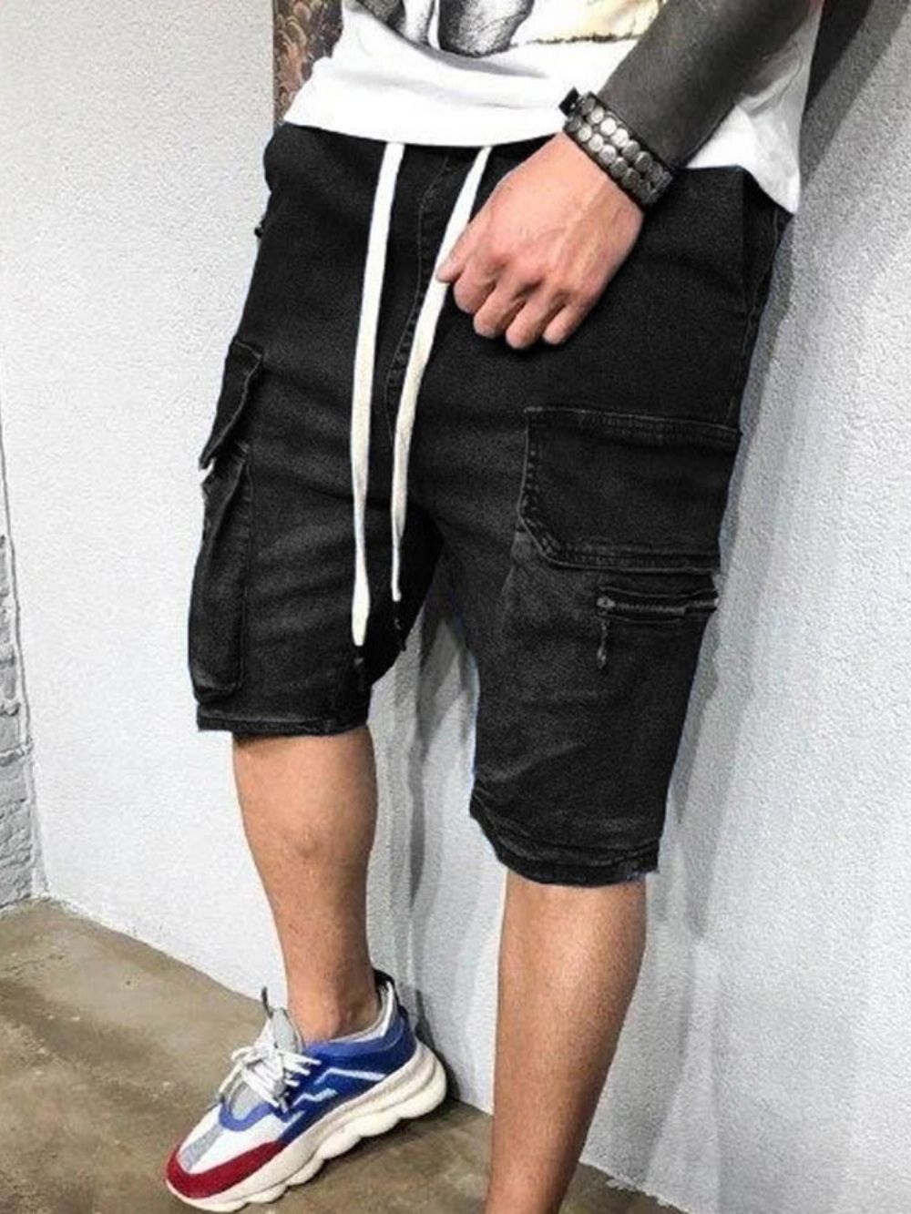 Shorts Casuais Masculinos Retos Bolso Com Cadarço