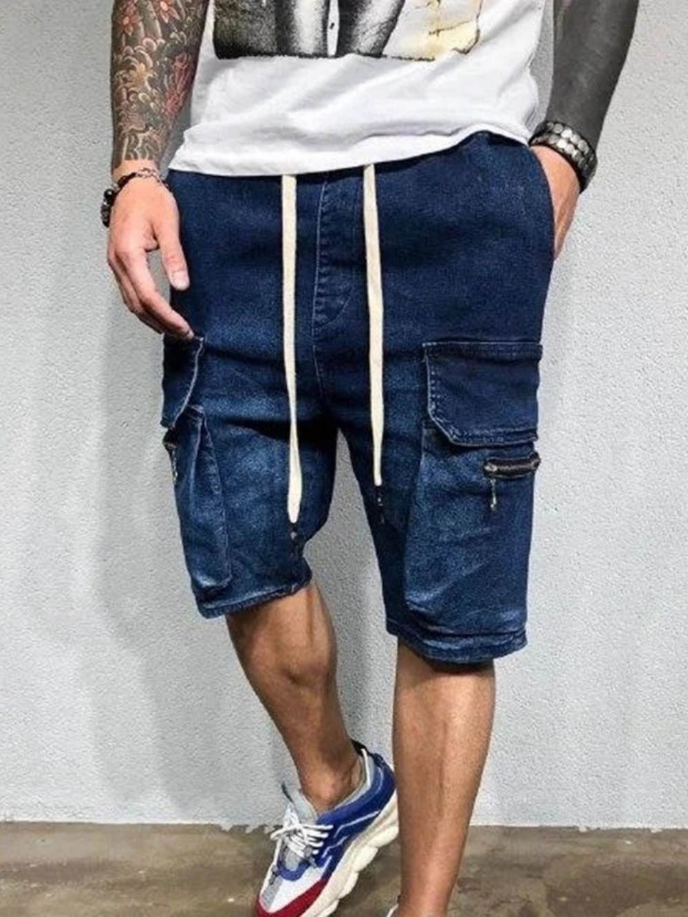 Shorts Casuais Masculinos Retos Bolso Com Cadarço