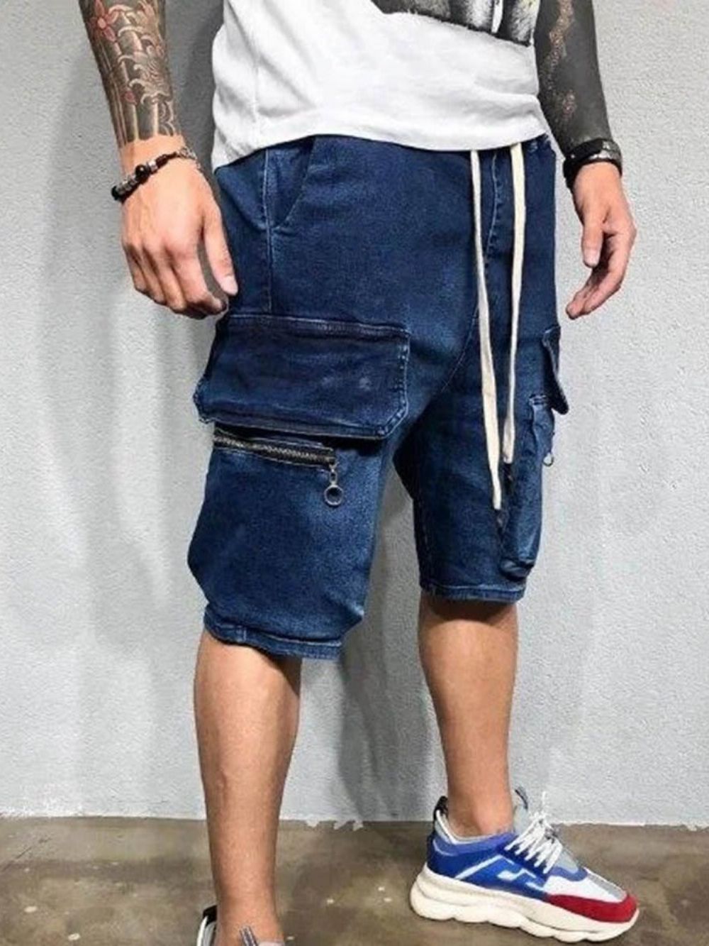 Shorts Casuais Masculinos Retos Bolso Com Cadarço