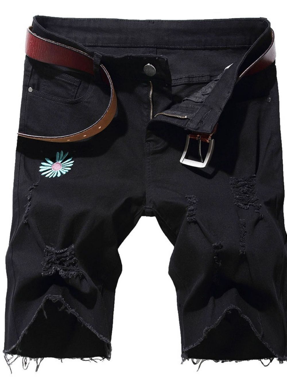 Shorts Jeans Masculinos Bordados Retos Florais Cintura Média Com Zíper