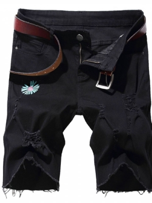 Shorts Jeans Masculinos Bordados Retos Florais Cintura Média Com Zíper