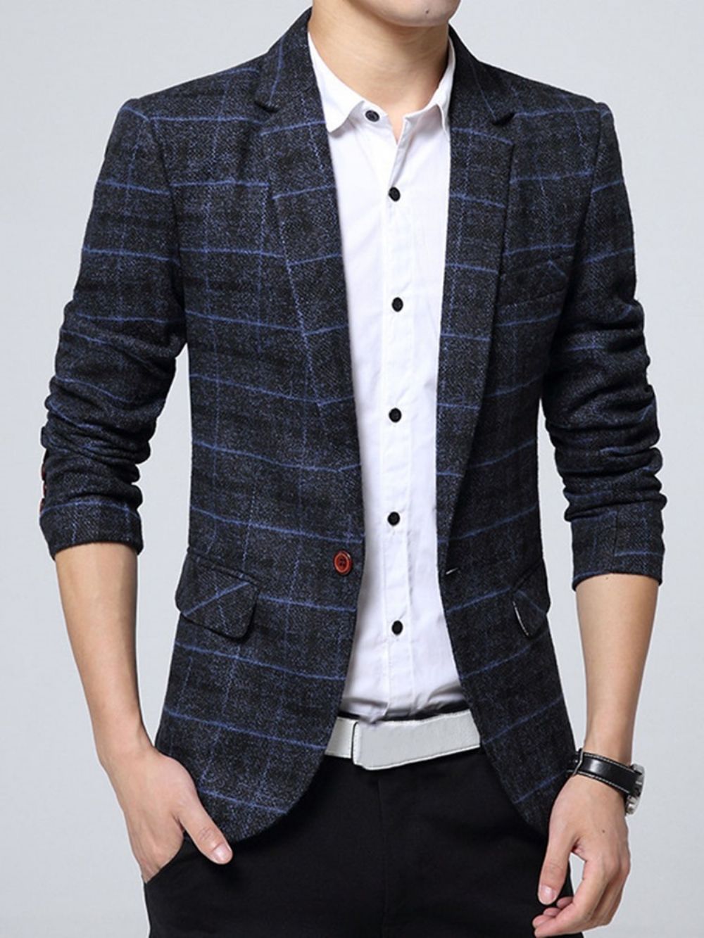 Blazer Masculino Xadrez Com Um Botão E Lapela Vogue Slim