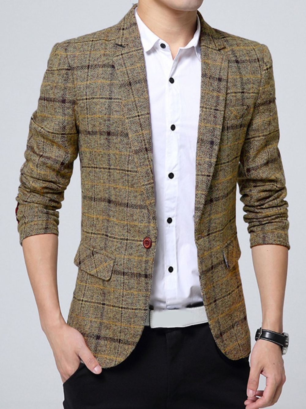 Blazer Masculino Xadrez Com Um Botão E Lapela Vogue Slim