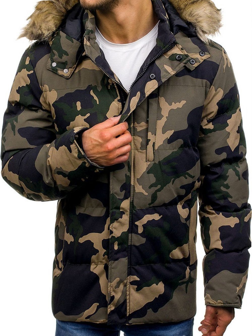 Jaqueta Masculina Casual Camuflagem Com Bolso De Comprimento Médio Com Zíper