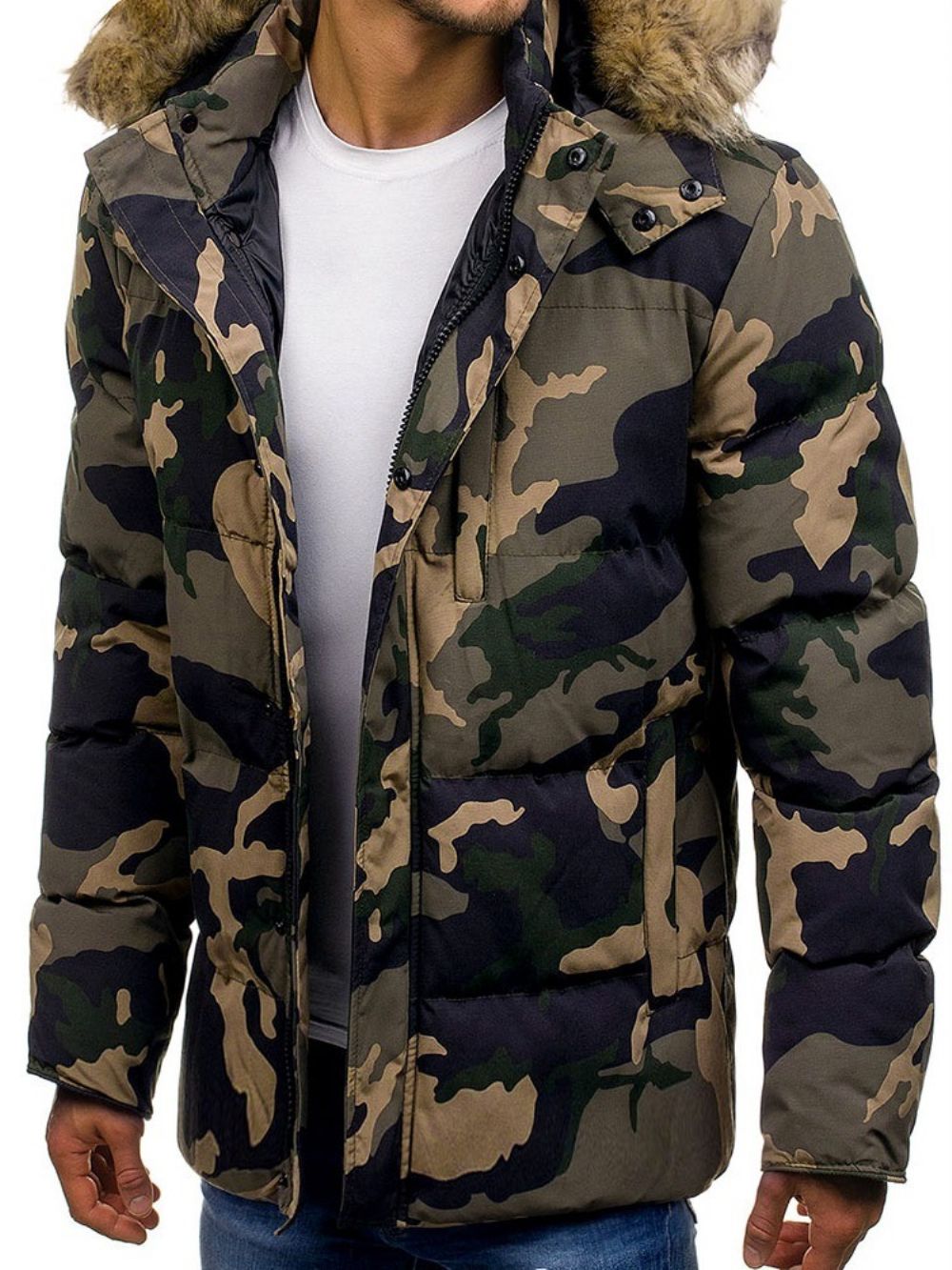 Jaqueta Masculina Casual Camuflagem Com Bolso De Comprimento Médio Com Zíper