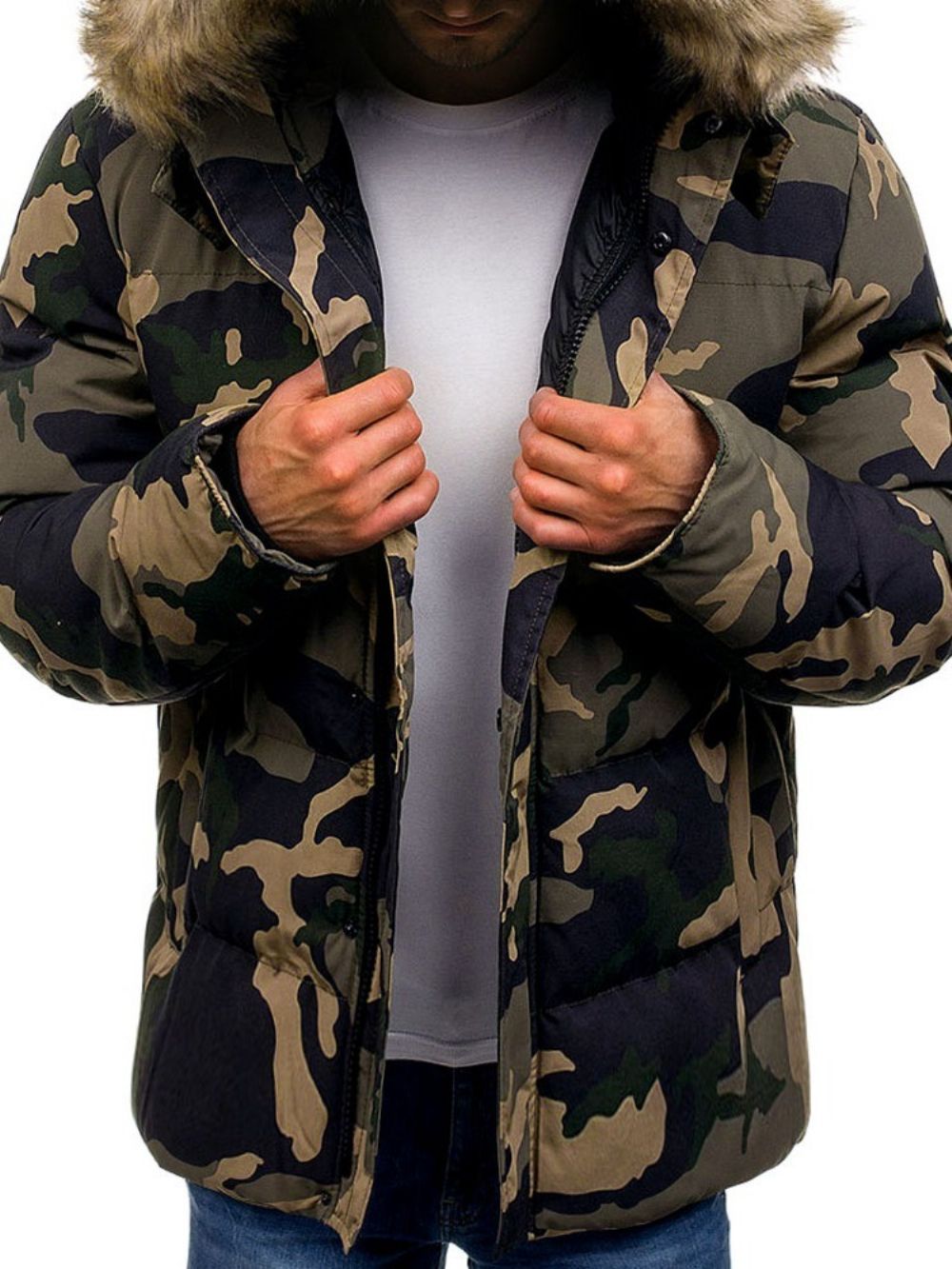 Jaqueta Masculina Casual Camuflagem Com Bolso De Comprimento Médio Com Zíper