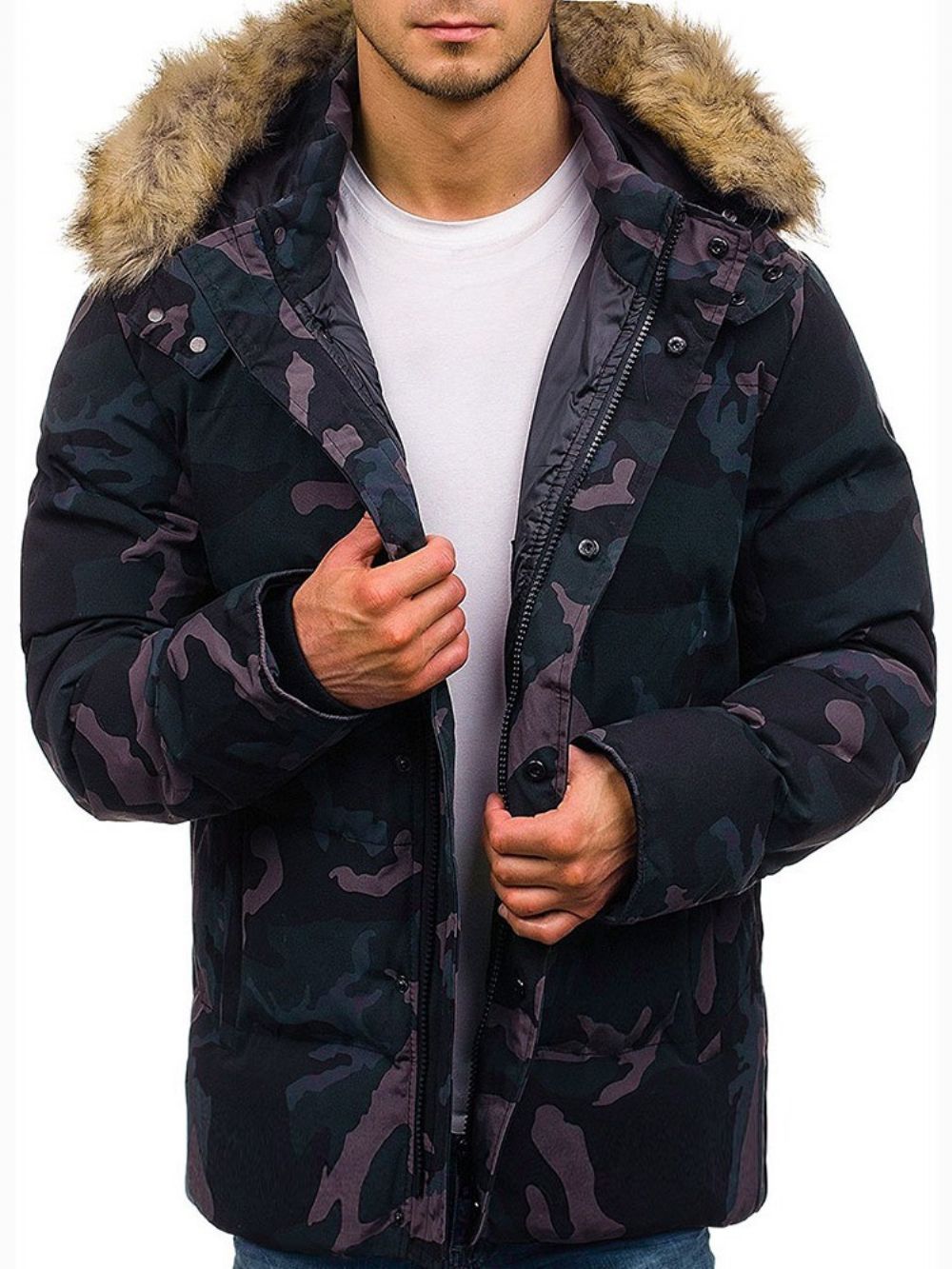 Jaqueta Masculina Casual Camuflagem Com Bolso De Comprimento Médio Com Zíper